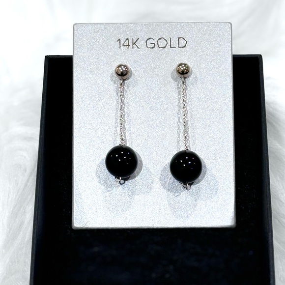 Brand New 14k Yellow Gold Earrings with dangling Obsidian - Picture 4 of 5